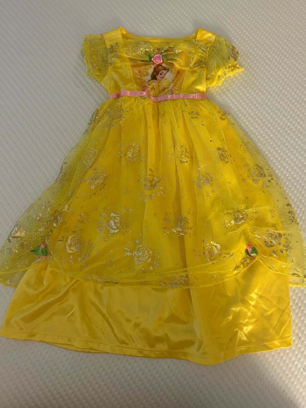 Disney Yellow Belle-inspired Tulle Skirt Dress with Pink Ribbon